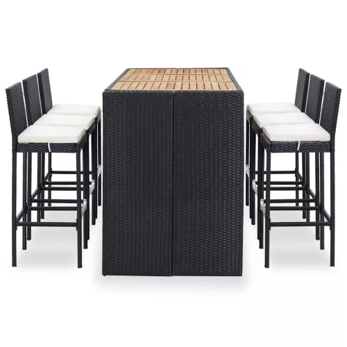  7 részes fekete polyrattan kültéri bárszett párnával