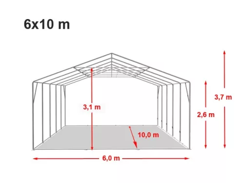 TP Professional 6x10m 2,6m oldalmagas raktársátor PVC 800 ponyvával, fehér