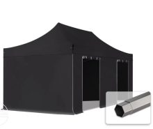   Professional összecsukható sátrak PREMIUM 350g/m2 ponyvával, acélszerkezettel, 4 oldalfallal, ablak nélkül - 3x6m fekete