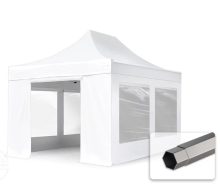   Professional összecsukható sátrak PREMIUM 350g/m2 ponyvával, acélszerkezettel, 4 oldalfallal, panoráma ablakkal - 3x4,5m fehér
