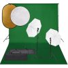 VID fotóstúdió-felszerelés lámpákkal, zöld háttérrel [500x300 cm] és reflektorral