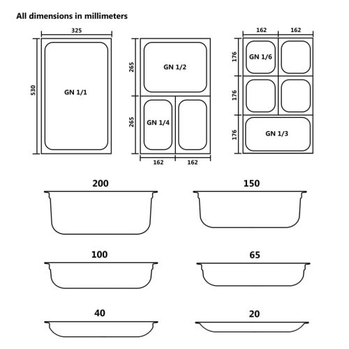  4 db rozsdamentes acél Gasztronorm edény GN 1/1 20 mm