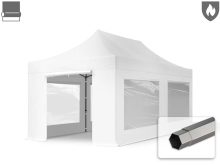   Professional összecsukható sátor PREMIUM 520g/m2 tűzálló ponyvával, acélszerkezettel, 4 oldalfallal, panoráma ablakkal - 3x6m fehér