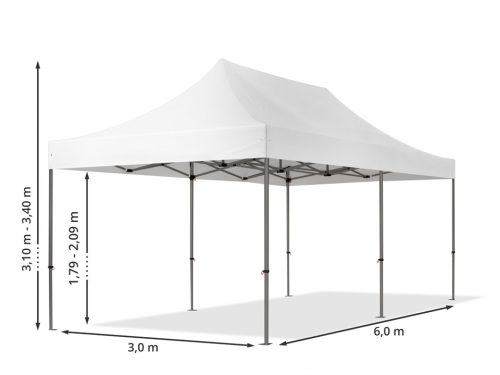 TP 3x6m összecsukható 800N acél pavilon, 4 db oldalfallal, tűzálló - fehér
