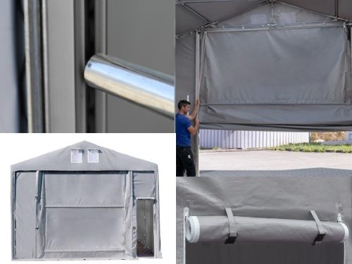 TP Vario 8x12m 4m oldalmagas raktársátor tetőablakkal, bejárat típusa: felhúzható