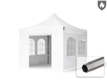   Professional összecsukható sátor PREMIUM 520g/m2 tűzálló ponyvával, acélszerkezettel, 4 oldalfallal, hagyományos ablakkal - 3x3m fehér