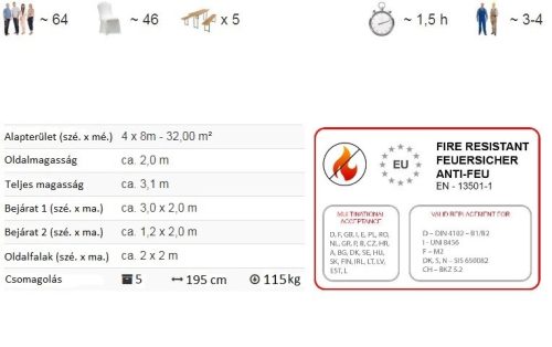 TP 4x8m standard rendezvénysátor, PVC 700 - fehér - tűzálló
