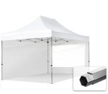   Professional összecsukható sátrak PROFESSIONAL 400g/m2 ponyvával, alumínium szerkezettel, 2 oldalfallal, panoráma ablakkal - 3x4,5m fehér