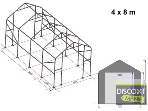 TP Everest 4x8m 3m oldalmagas raktársátor nehezen éghető PRIMEtex 2300 ponyvával, szürke
