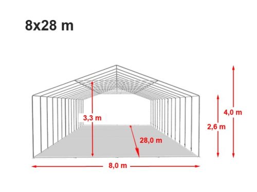 TP 8x28m 2,6m oldalmagas erősített rendezvénysátor, PVC 800 - fehér