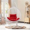 WHITE HANGING POLYRATTAN SINGLE ARMCHAIR WITH RED PILLOWS