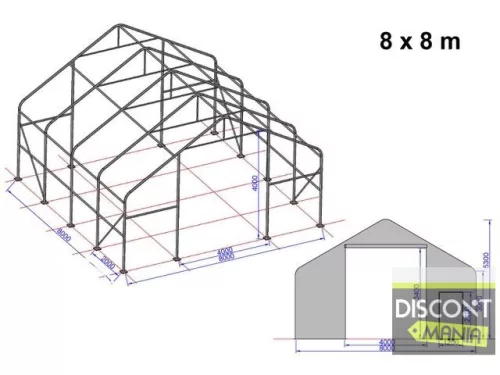 TP Everest 8x8m 3m oldalmagas raktársátor nehezen éghető PRIMEtex 2300 ponyvával, zöld