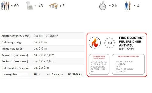 TP 5x6m erősített rendezvénysátor, PVC 800 - fehér - tűzálló