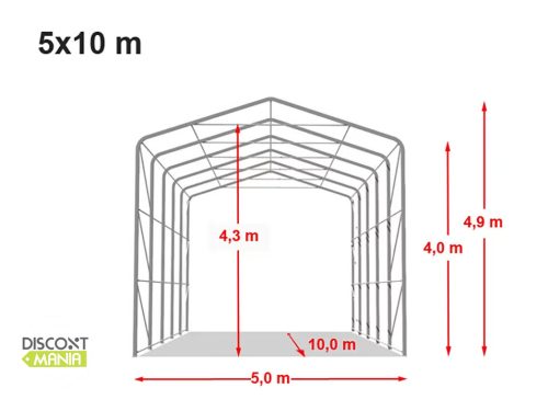 TP WIKINGER 5x10m 4m oldalmagas ponyvagarázs / sátorgarázs, nehezen éghető PRIMEtex 2300 ponyva - szürke