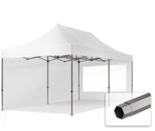   Professional összecsukható sátrak PREMIUM 350g/m2 ponyvával, acélszerkezettel, 2 oldalfallal, panoráma ablakkal - 3x6m fehér