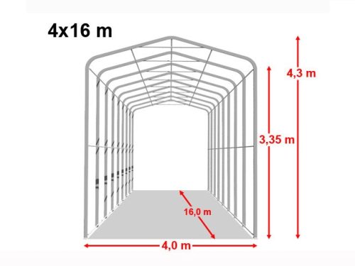 TP Ponyvagarázs/ sátorgarázs / tároló 4x16m-3,35m oldalmagasság, PVC 550g/nm kapuméret: 3,5x3,5m szürke színben