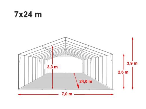 TP 7x24m 2,6m oldalmagas extra erősített rendezvénysátor, PVC 1400 - tűzálló - fehér