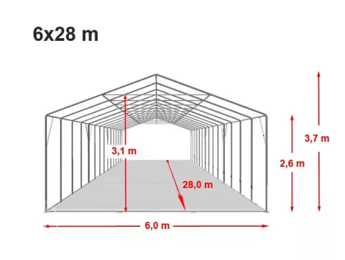 TP Professional 6x28m 2,6m oldalmagas raktársátor PVC 800 ponyvával, fehér