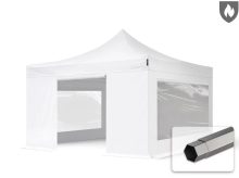   Professional összecsukható sátor PREMIUM 520g/m2 tűzálló ponyvával, acélszerkezettel, 4 oldalfallal, panoráma ablakkal - 4x4m fehér