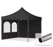   Professional összecsukható sátrak PREMIUM 350g/m2 ponyvával, acélszerkezettel, 2 oldalfallal, hagyományos ablakkal - 3x3m fekete