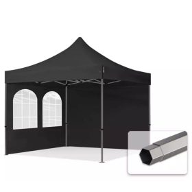   TP 3x3m összecsukható 750N acél vázas pavilon, 2 db oldalfallal, hagyományos ablakkal -  fekete