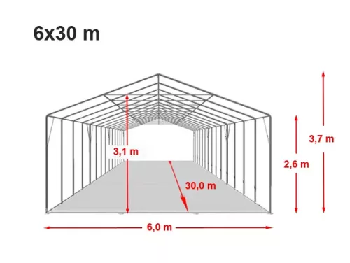 TP Professional 6x30m 2,6m oldalmagas raktársátor nehezen éghető PVC 1400 ponyvával, fehér
