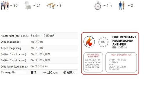 TP 3x5m standard rendezvénysátor, PVC 700 - fehér - tűzálló