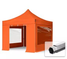   Professional összecsukható sátrak PROFESSIONAL 400g/m2 ponyvával, alumínium szerkezettel, 4 oldalfallal, panoráma ablakkal -  3x3m narancssárga