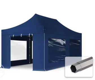 Professional összecsukható sátrak PREMIUM 350g/m2 ponyvával, acélszerkezettel, 4 oldalfallal, panoráma ablakkal - 3x6m kék