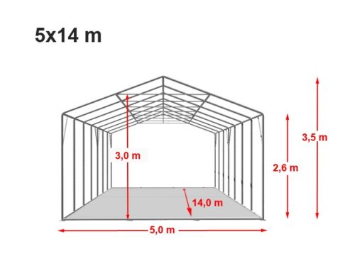 TP Professional 5x14m 2,6m oldalmagas raktársátor PVC 800 ponyvával, fehér