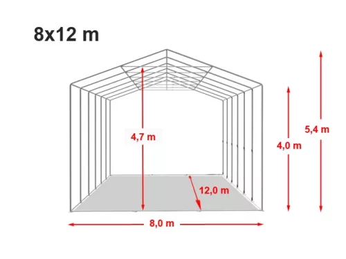 TP Raktársátor 8x12m professional 4m oldalmagassággal, 2300 PRIMEtex-ponyva