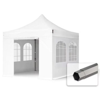 Professional összecsukható sátrak PREMIUM 350g/m2 ponyvával, acélszerkezettel, 4 oldalfallal, hagyományos ablakkal - 3x3m fehér