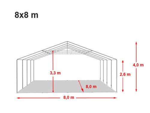 TP 8x8m 2,6m oldalmagas erősített rendezvénysátor, PVC 800 - fehér
