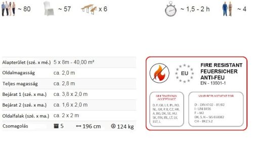 TP 5x8m standard rendezvénysátor, PVC 700 - fehér-szürke - tűzálló