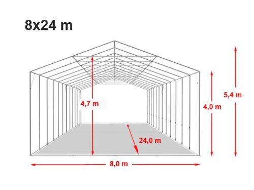 TP Vario 8x24m 4m oldalmagas raktársátor tetőablakkal, bejárat típusa: eltolható