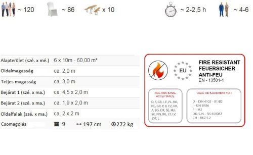TP 6x10m erősített rendezvénysátor, PVC 800 - fehér-szürke - nehezen éghető