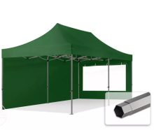   Professional összecsukható sátrak PREMIUM 350g/m2 ponyvával, acélszerkezettel, 2 oldalfallal, panoráma ablakkal - 3x6m zöld