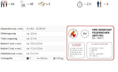 TP 4x8m erősített rendezvénysátor, PVC 800 - fehér - nehezen éghető
