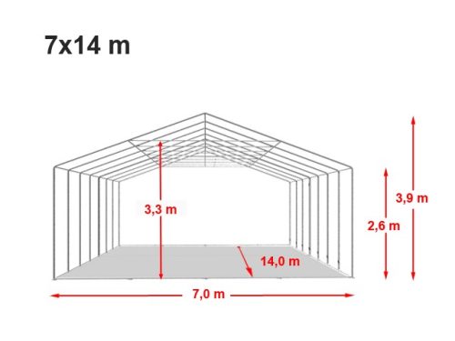TP 7x14m 2,6m oldalmagas extra erősített rendezvénysátor, PVC 1400 - tűzálló - fehér