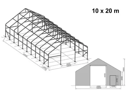 TP Everest 10x20m 3m oldalmagas raktársátor nehezen éghető PRIMEtex 2300 ponyvával, szürke