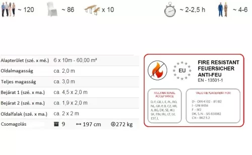 TP 6x10m erősített rendezvénysátor, PVC 800 - fehér - nehezen éghető