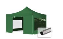   Professional összecsukható sátrak PREMIUM 350g/m2 ponyvával, acélszerkezettel, 4 oldalfallal, panoráma ablakkal - 4x4m zöld