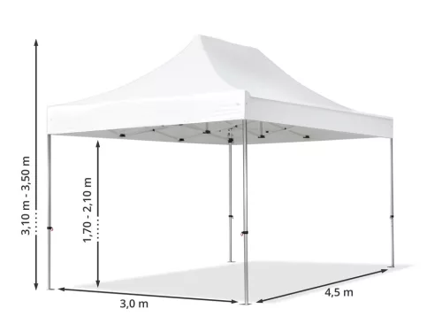 TP 3x4,5m összecsukható 850N alumínium pavilon, 4 db oldalfallal, nehezen éghető - fehér