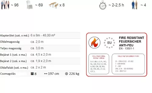 TP 6x8m erősített rendezvénysátor, PVC 800 - fehér - nehezen éghető