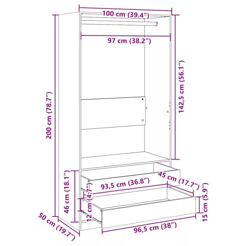  sonoma tölgy színű szerelt fa ruhásszekrény 100 x 50 x 200 cm