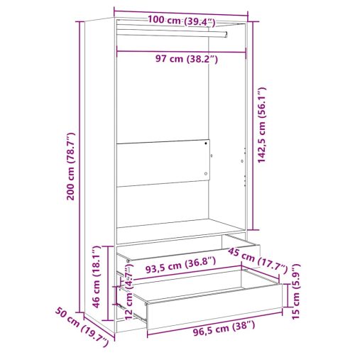  betonszürke szerelt fa ruhásszekrény 100 x 50 x 200 cm