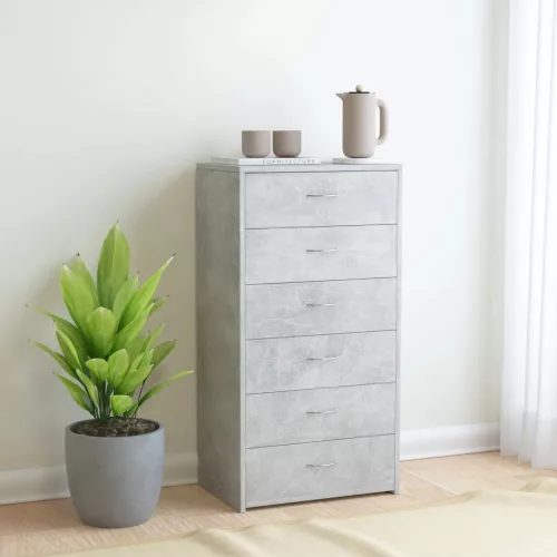  6-fiókos betonszürke szerelt fa tálalószekrény 50 x 34 x 96 cm
