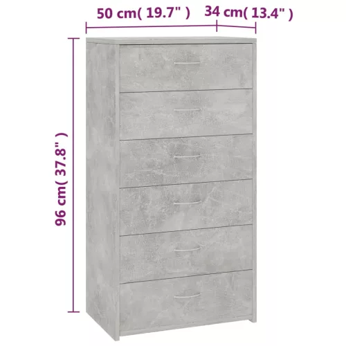  6-fiókos betonszürke szerelt fa tálalószekrény 50 x 34 x 96 cm
