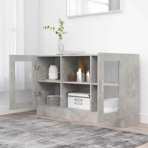  betonszürke szerelt fa vitrinszekrény 120 x 30,5 x 70 cm