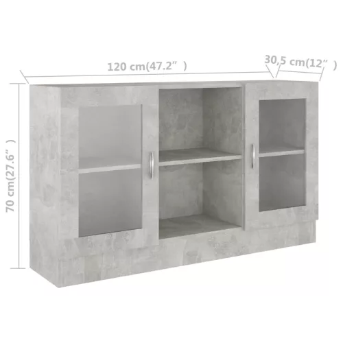  betonszürke szerelt fa vitrinszekrény 120 x 30,5 x 70 cm